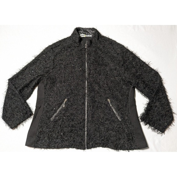 jamie sadock Jackets & Blazers - JAMIE SADOCK Women XL Black Fringe Fuzzy Full Zip Long Sleeve Jacket